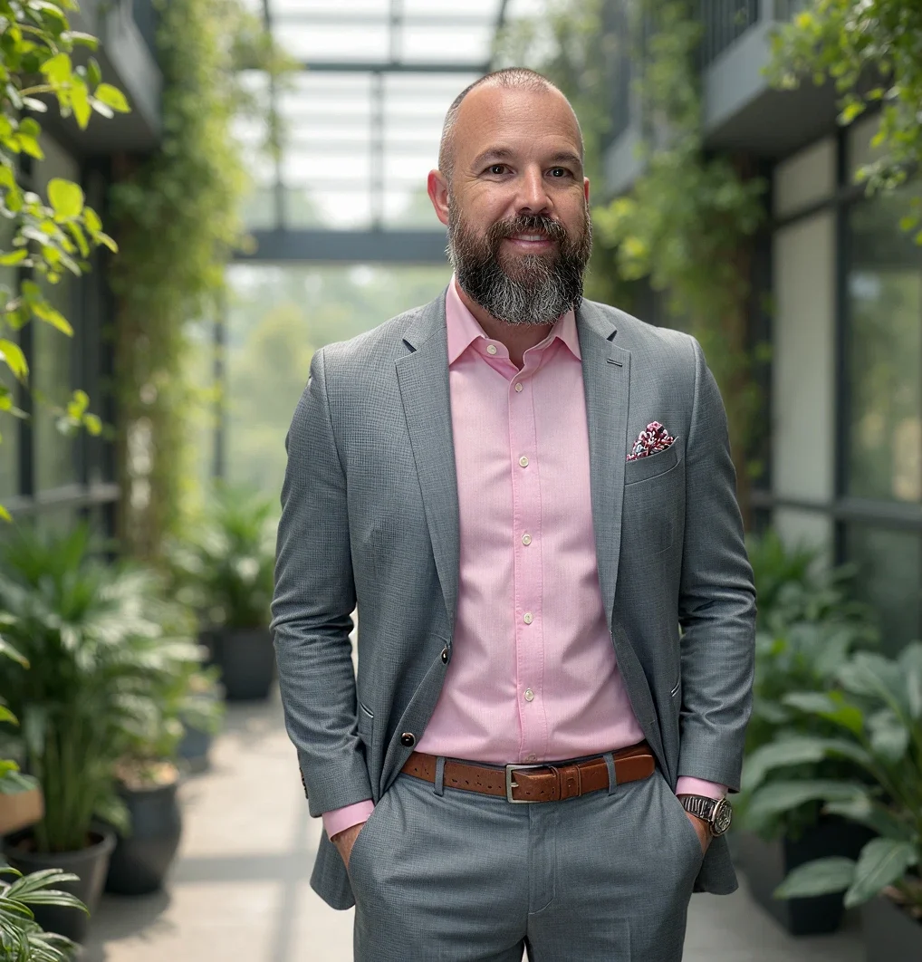 Jacob Shank in a modern clinic hallway surrounded by green plants, wearing a gray blazer and pink shirt